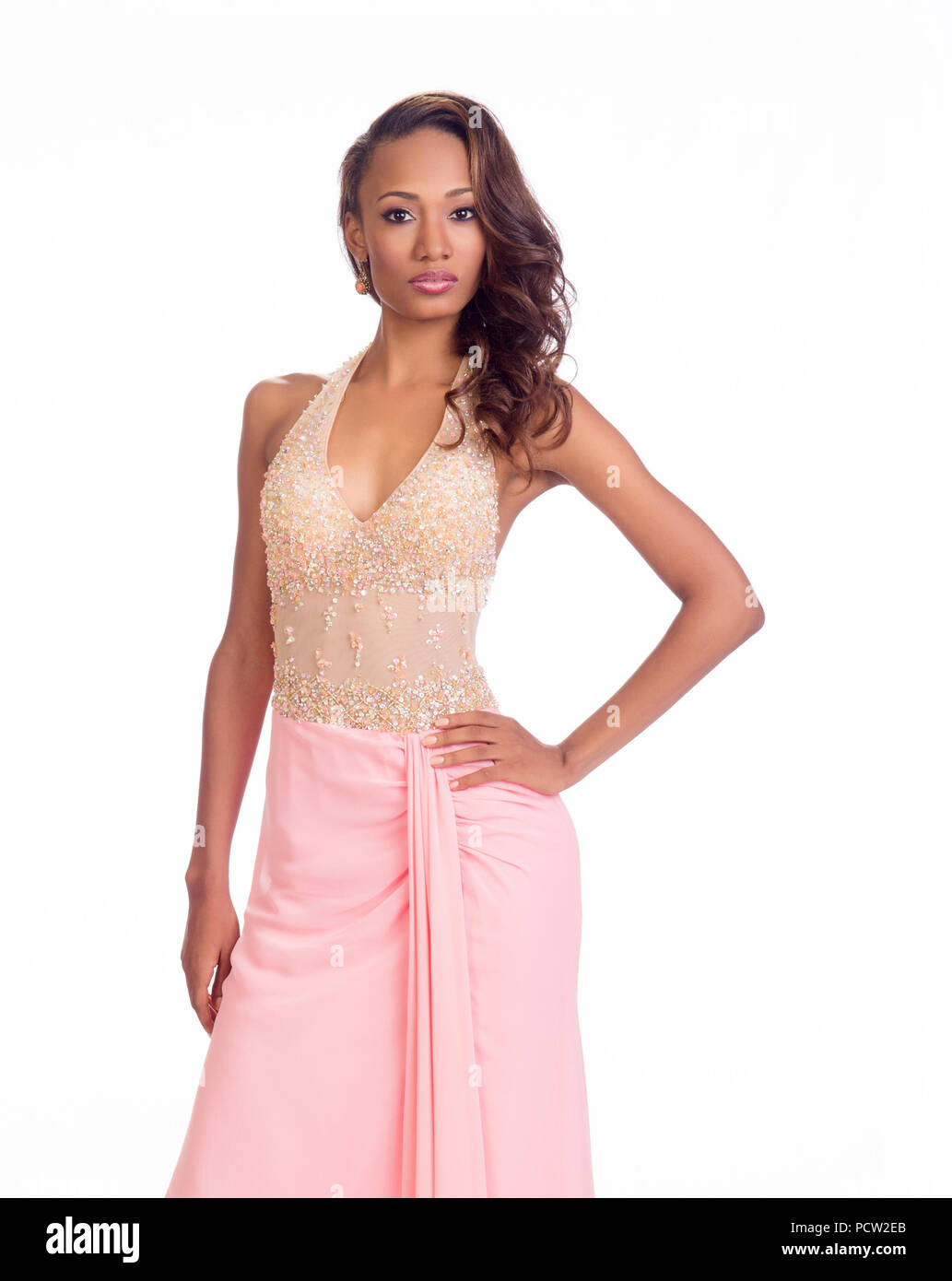 DORAL, FL - JANUARY 23: Roxanne Didier-Nicholas, Miss St. Lucia 2014 poses is her evening gown for The 63rd Annual MISS UNIVERSE Pageant on January 23, 2015 in Miami, Florida.  People:  Roxanne Didier-Nicholas, Miss St. Lucia Stock Photo