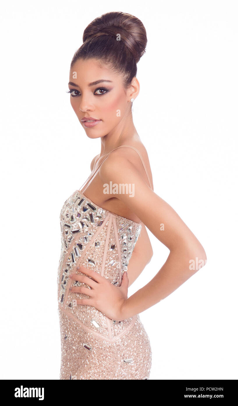 DORAL, FL - JANUARY 23: Zoe Metthez, Miss Switzerland 2014 poses is her evening gown for The 63rd Annual MISS UNIVERSE Pageant on January 23, 2015 in Miami, Florida.  People:  Zoe Metthez, Miss Switzerland Stock Photo