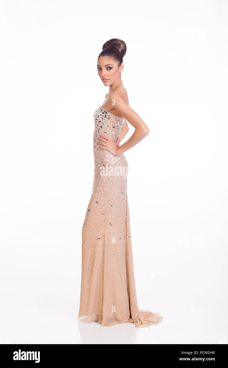 DORAL, FL - JANUARY 23: Zoe Metthez, Miss Switzerland 2014 poses is her evening gown for The 63rd Annual MISS UNIVERSE Pageant on January 23, 2015 in Miami, Florida.  People:  Zoe Metthez, Miss Switzerland Stock Photo