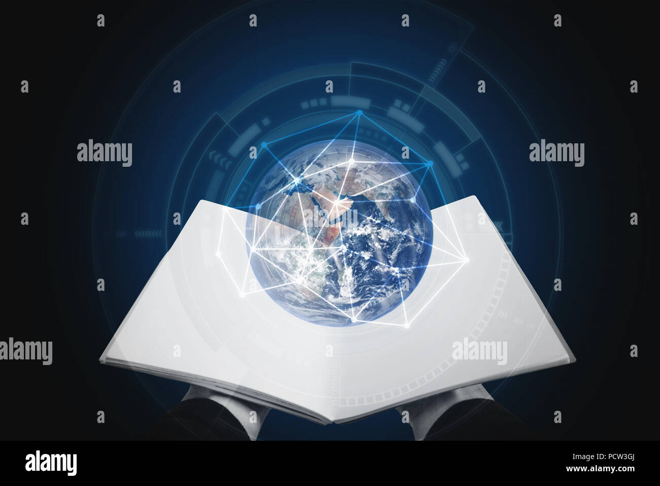 E-booking, Knowledge, education, and e-learning. Hand opened book and globe hologram. Elements of this image are furnished by NASA Stock Photo