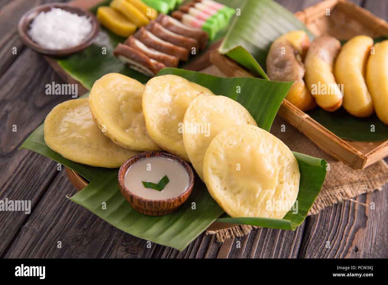 serabi. indonesian pancake made of rice flour coconut milk served with sugar syrup Stock Photo