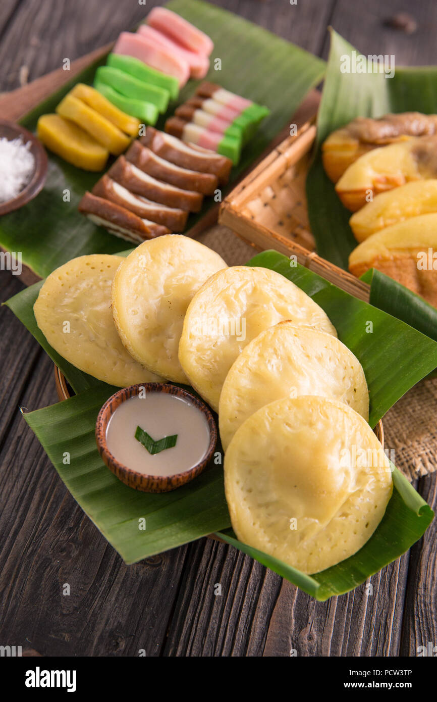 serabi. indonesian pancake made of rice flour coconut milk served with sugar syrup Stock Photo