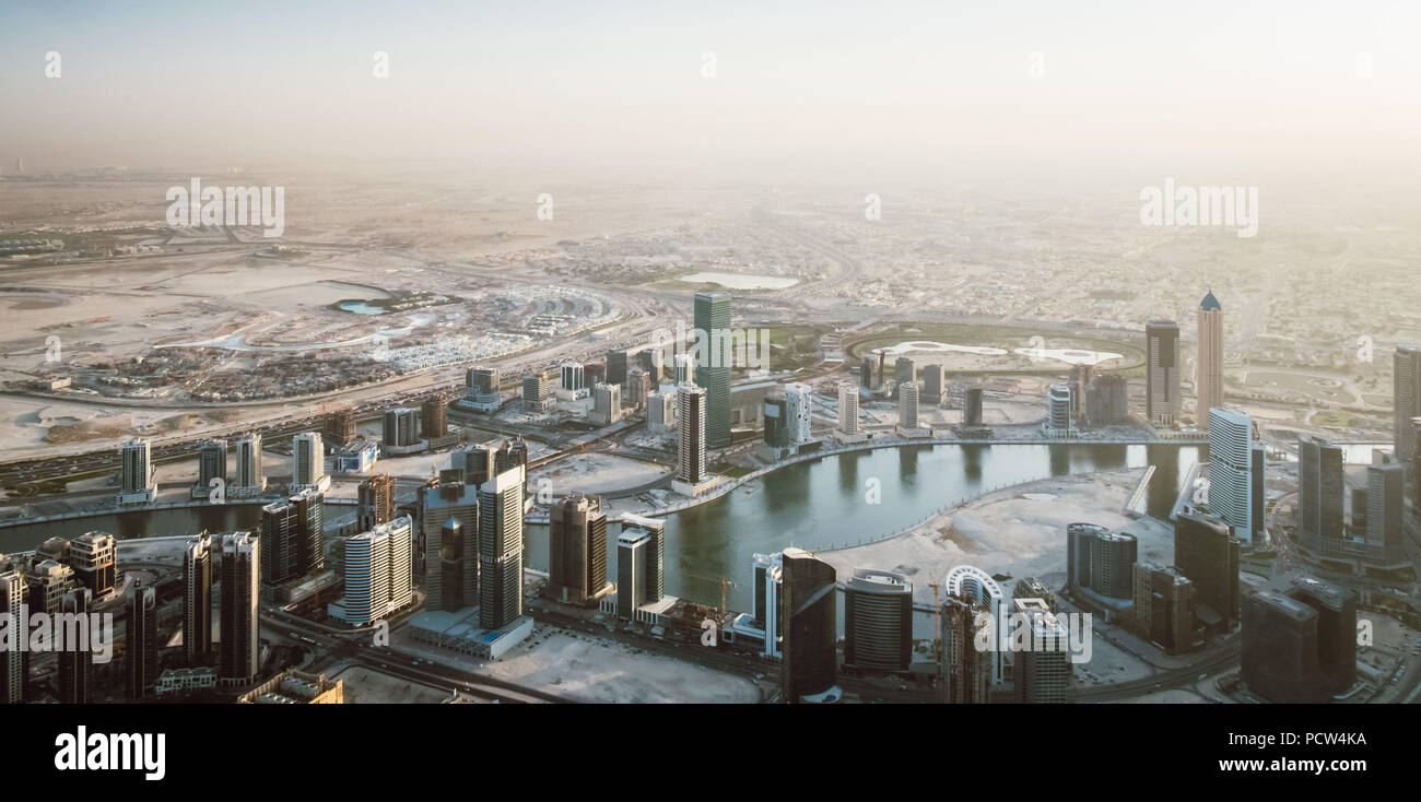 Beautiful view from the top of dubai skyline - Panorama Stock Photo