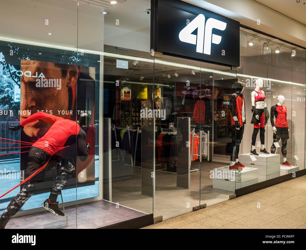 4F store in Galeria Krakowska. 4f is a leading Polish company producing  high quality sportswear and tourism clothing Stock Photo - Alamy