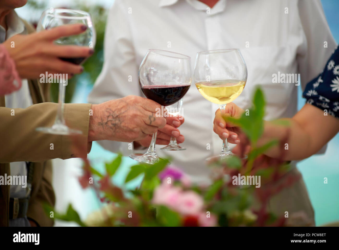 Soft focus at group elderly hands holding wine glass and clink glasses. Concept of older party , retire and superannuate people, sixtieth anniversary of age Stock Photo