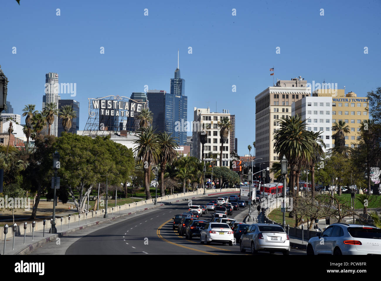 Downtown Los Angeles seen from Wilshire Blvd at MacArthur Park.  Royalty free stock photos Stock Photo