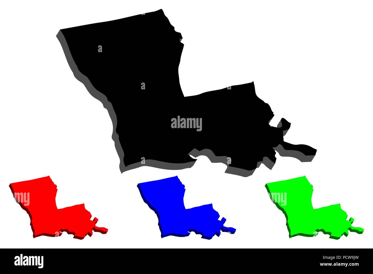 3D map of Louisiana (United States of America) - black, red, blue and green - vector illustration Stock Vector