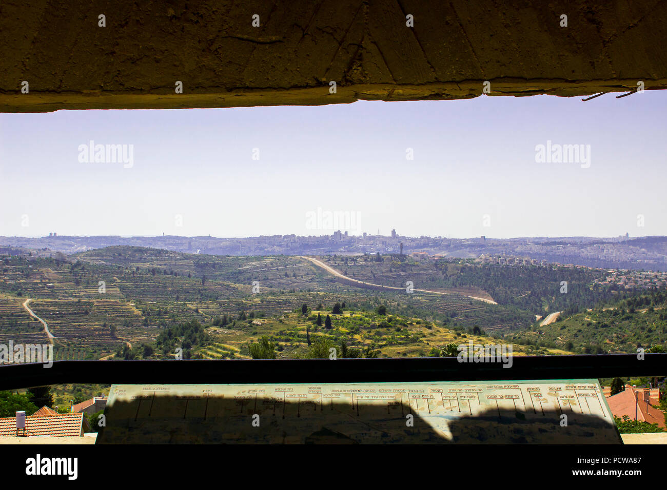 A view of the Judaen Hills HarAdar from the Observation Tower Monument on (Radar Hill) outside Jerusalem Israel. A celebration of victory.. Stock Photo