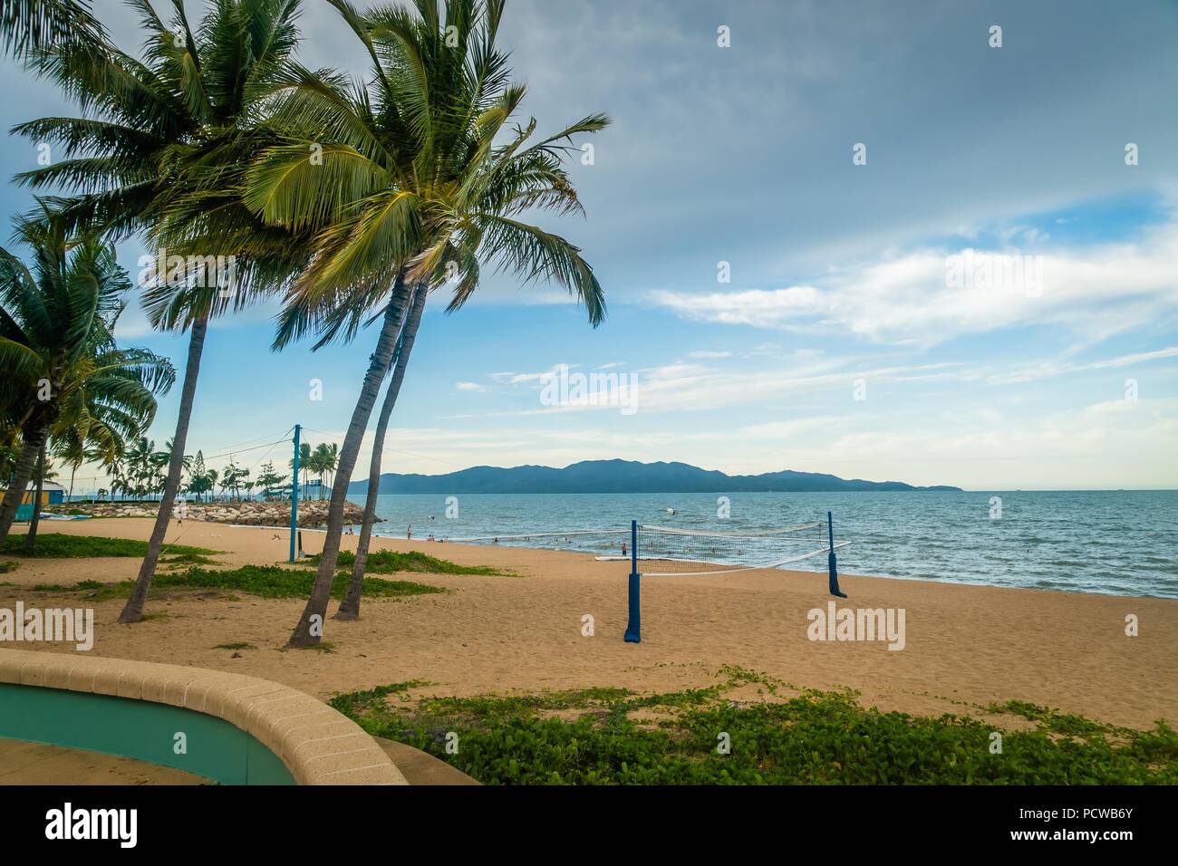 Volleyball field on the beach with coconut trees in Townsville, Australia Stock Photo