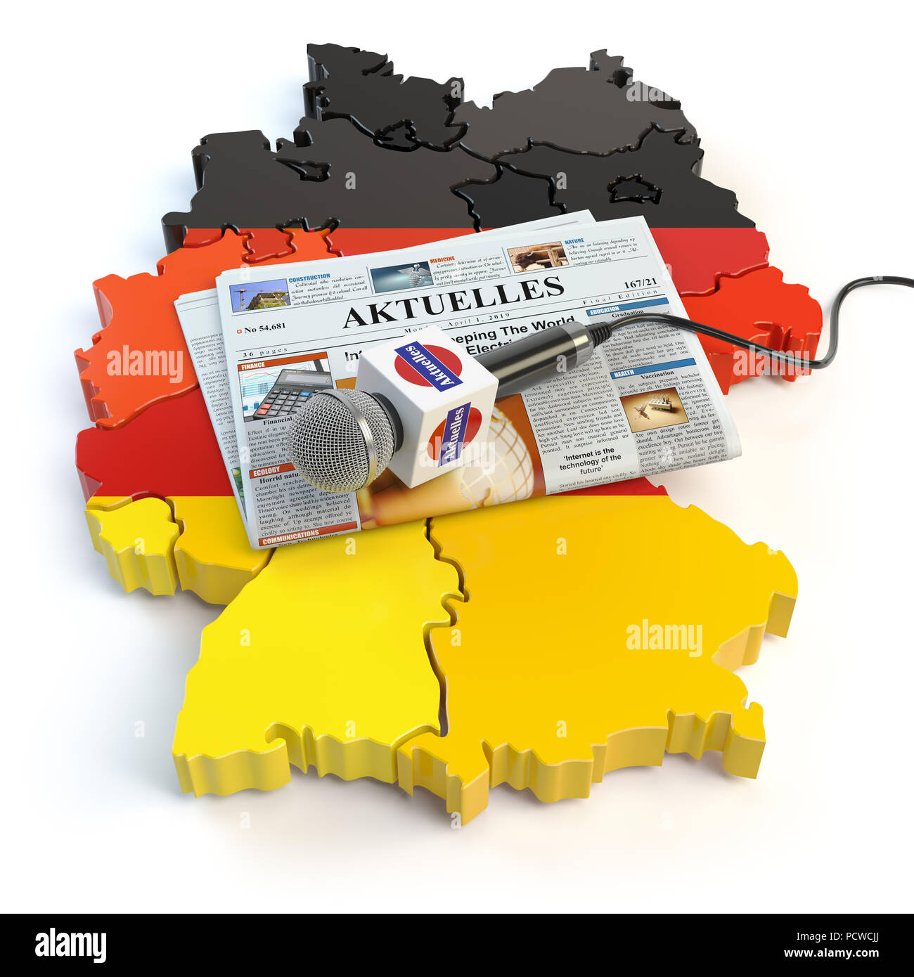 German news, press and  journalism concept. Microphone and newspaper with headline 'Aktuelles' (german for: news)on the map in colors of the flag of G Stock Photo