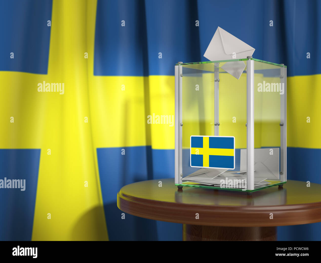 Ballot box with flag of Sweden and voting papers. Swedish presidential or parliamentary election.  3d illustration Stock Photo