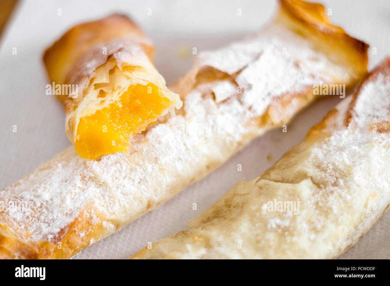 Traditional portuguese sweet pastry from Sintra called travesseiro, Portugal Stock Photo