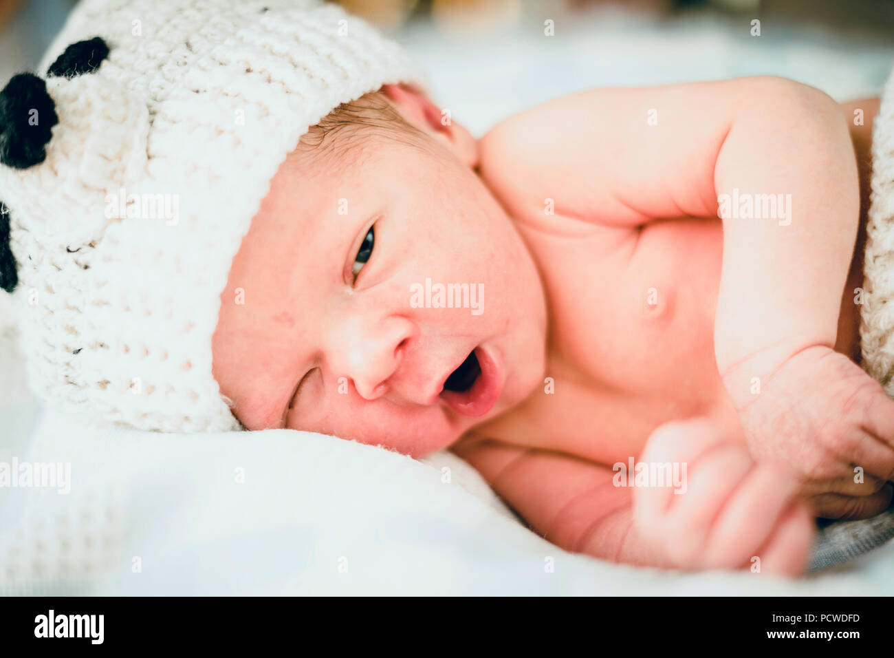 The newborn baby boy dressed in bear-like light clothes Stock Photo