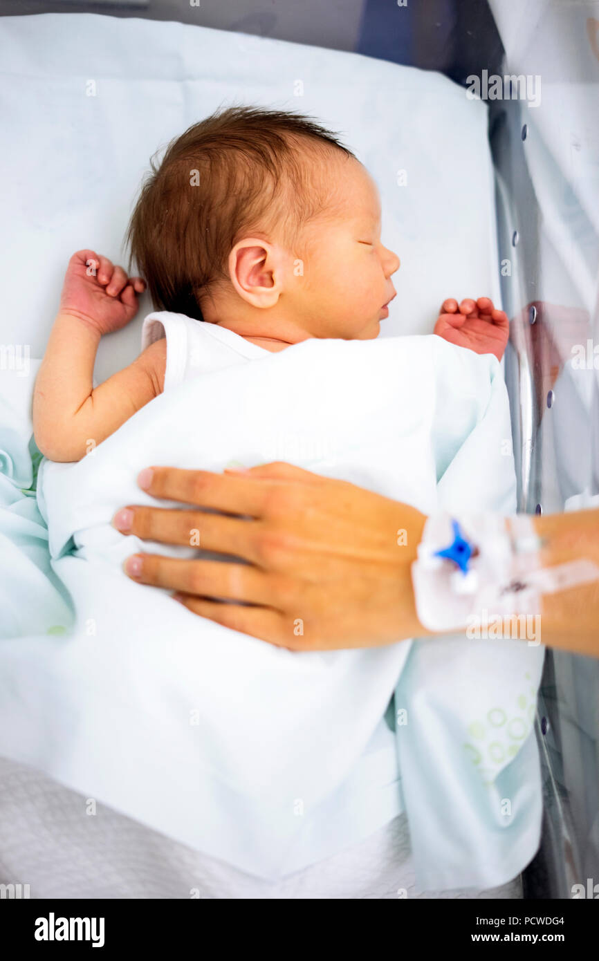 A newborn baby boy in small hospital bed with carrying hand with ...