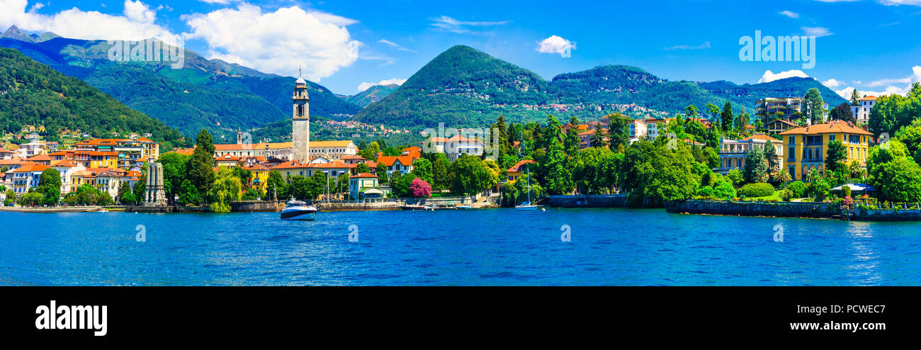 Beautiful Pallanza village,view with houses,lake and mountains,Lake Maggiore,Itay. Stock Photo