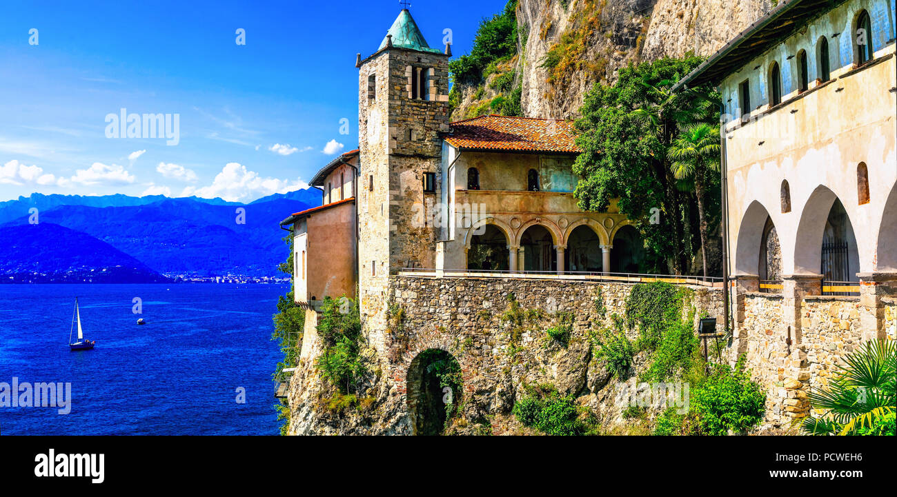 Impressive Eremo Santa Caterina dal Sasso,view with lake Maggiore.North Italy. Stock Photo