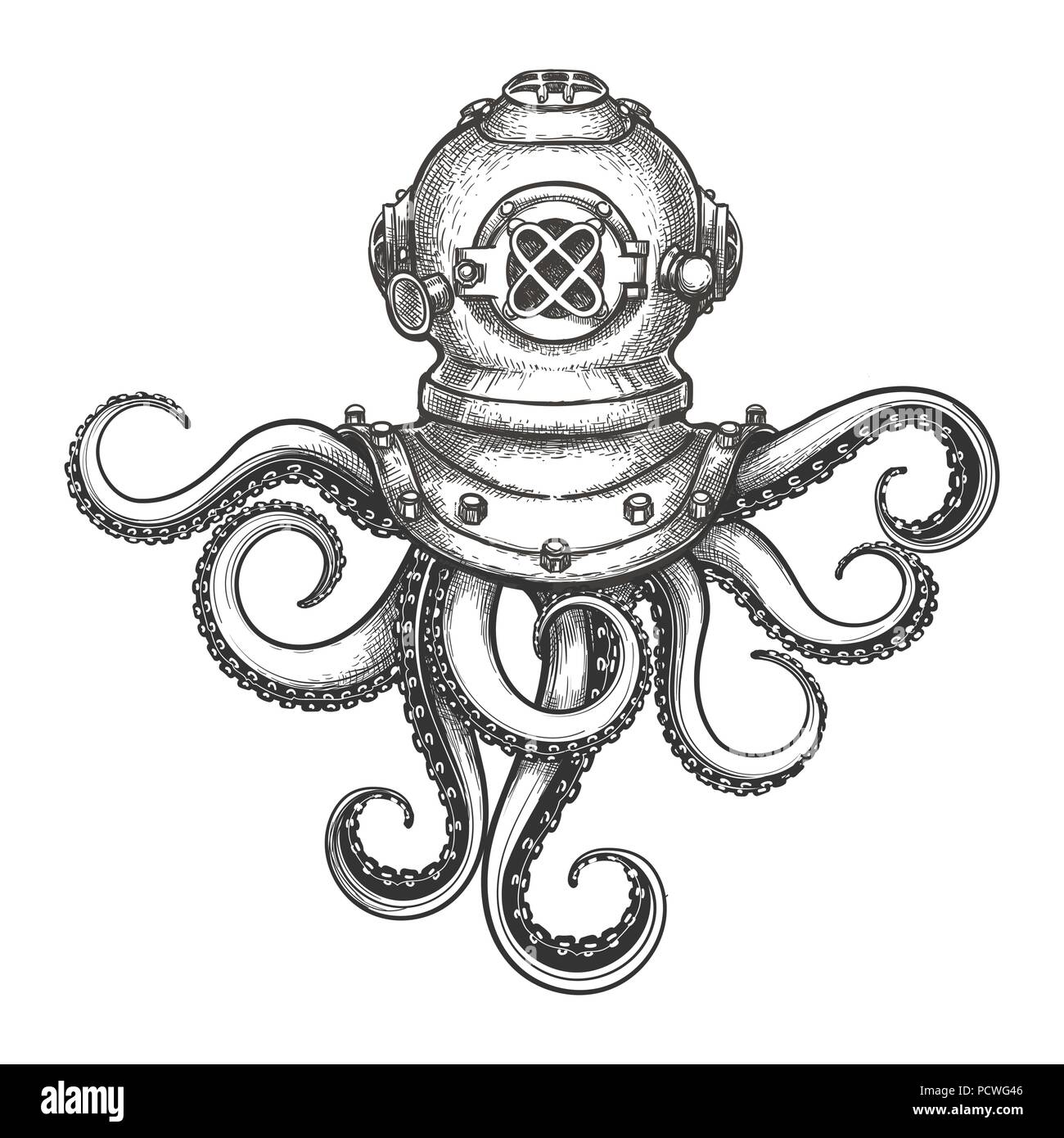 Diver helmet with octopus tentacles drawn in tattoo style. Vector Illustration. Stock Vector