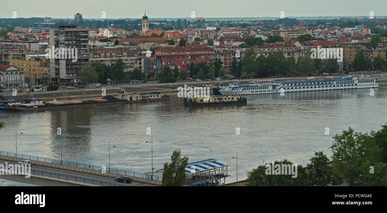 NOVI SAD, SERBIA - May 18th: View at Danube and City of Novi Sad pier with boats Stock Photo