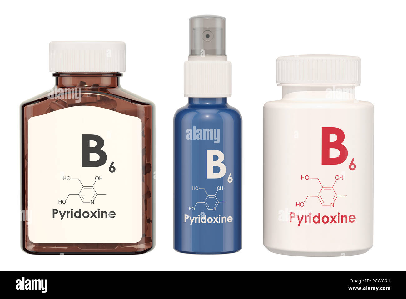 Vitamin B6, pyridoxine. Medical bottles with pills and spray bottle, 3D ...