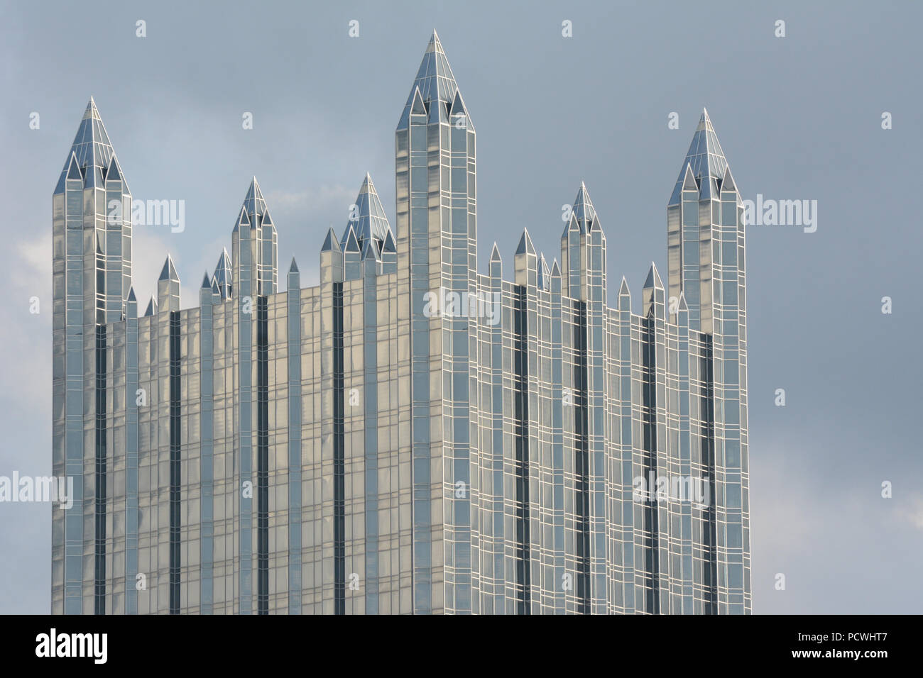A view of the top section of one of the neogothic style buildings at PPG Place, Pittsburgh, Pennsylvania, USA Stock Photo