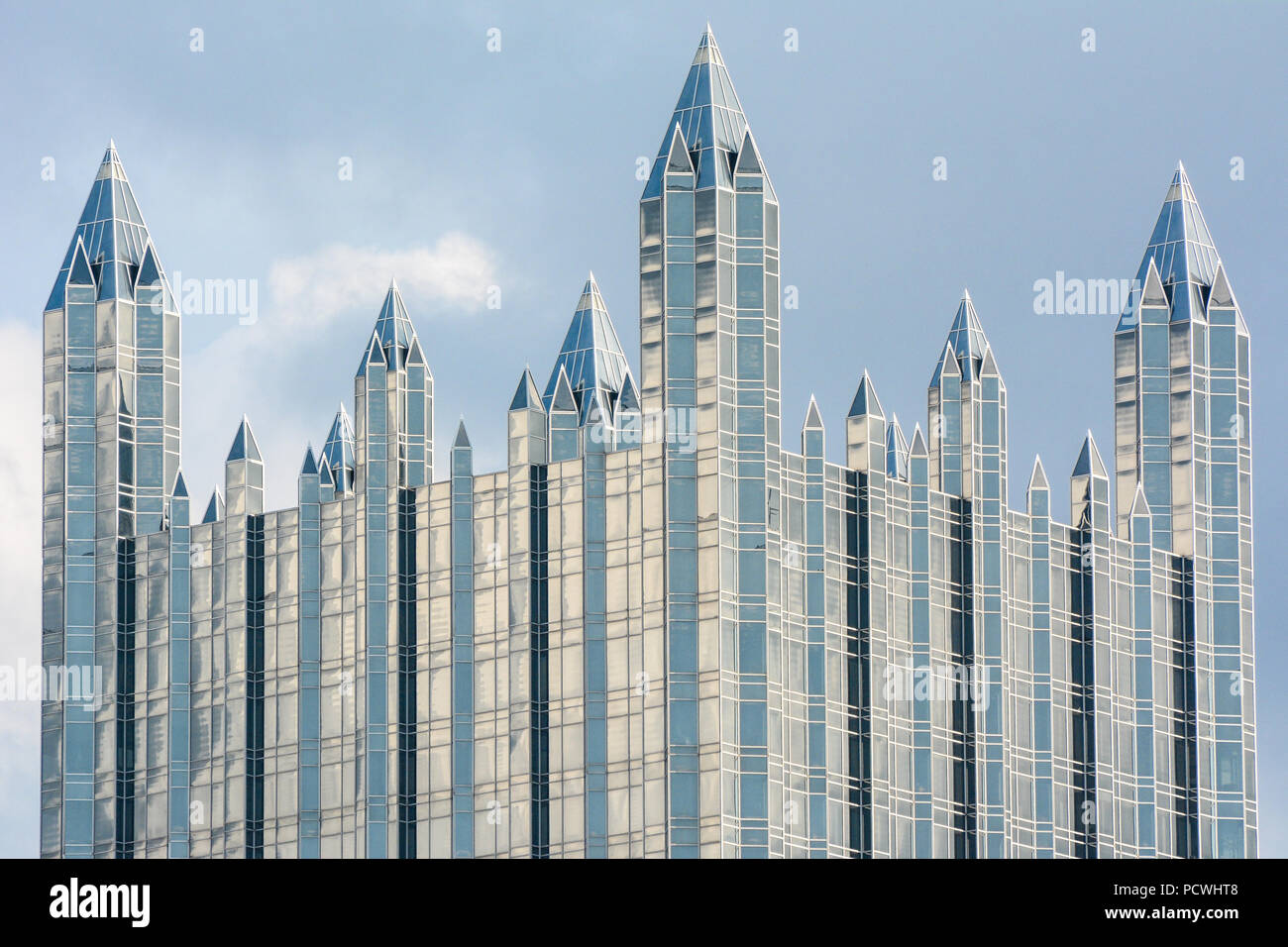 A view of the top section of one of the neogothic style buildings at PPG Place, Pittsburgh, Pennsylvania, USA Stock Photo
