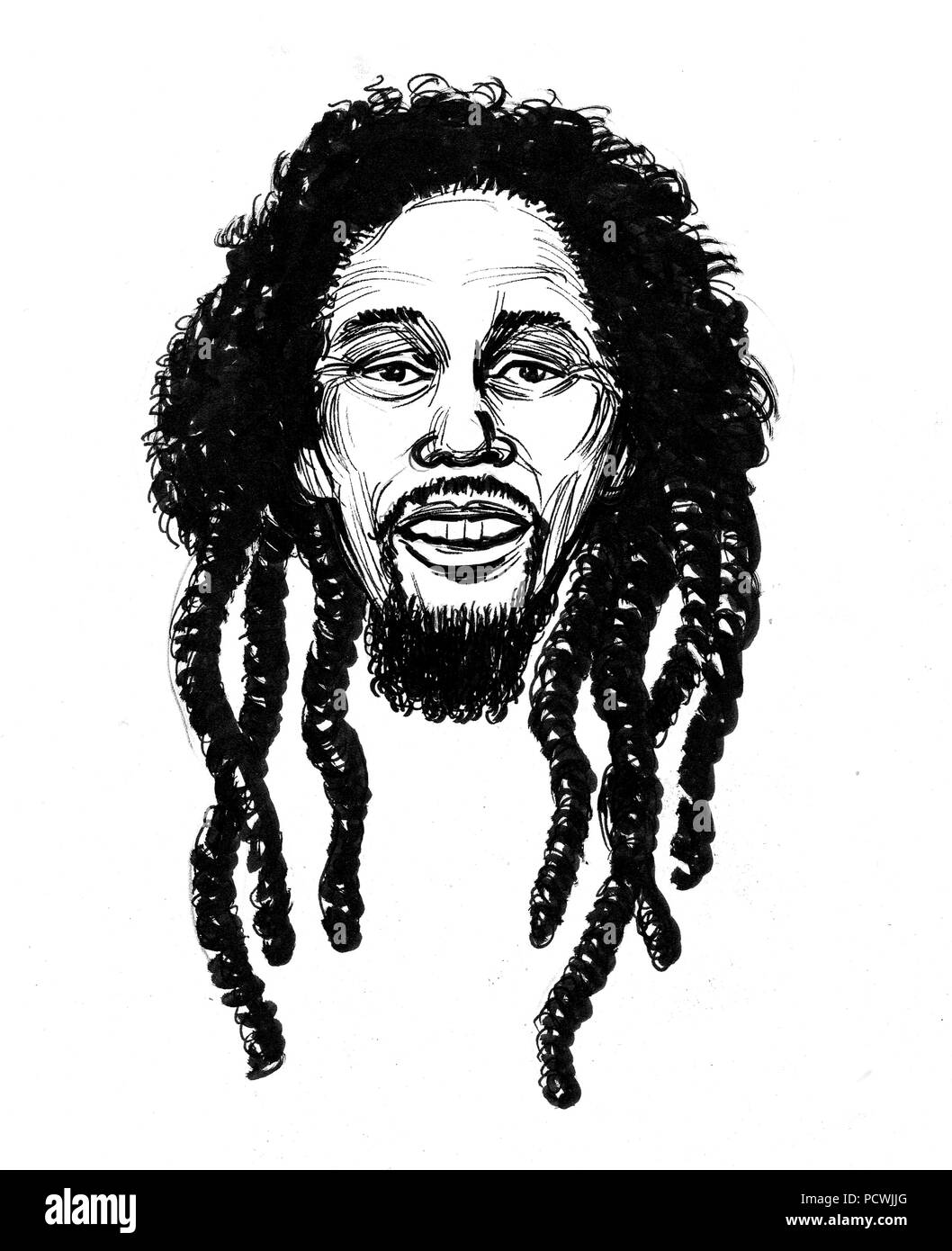 Bob Marley cartoon. Ink black and white illustration Stock Photo - Alamy