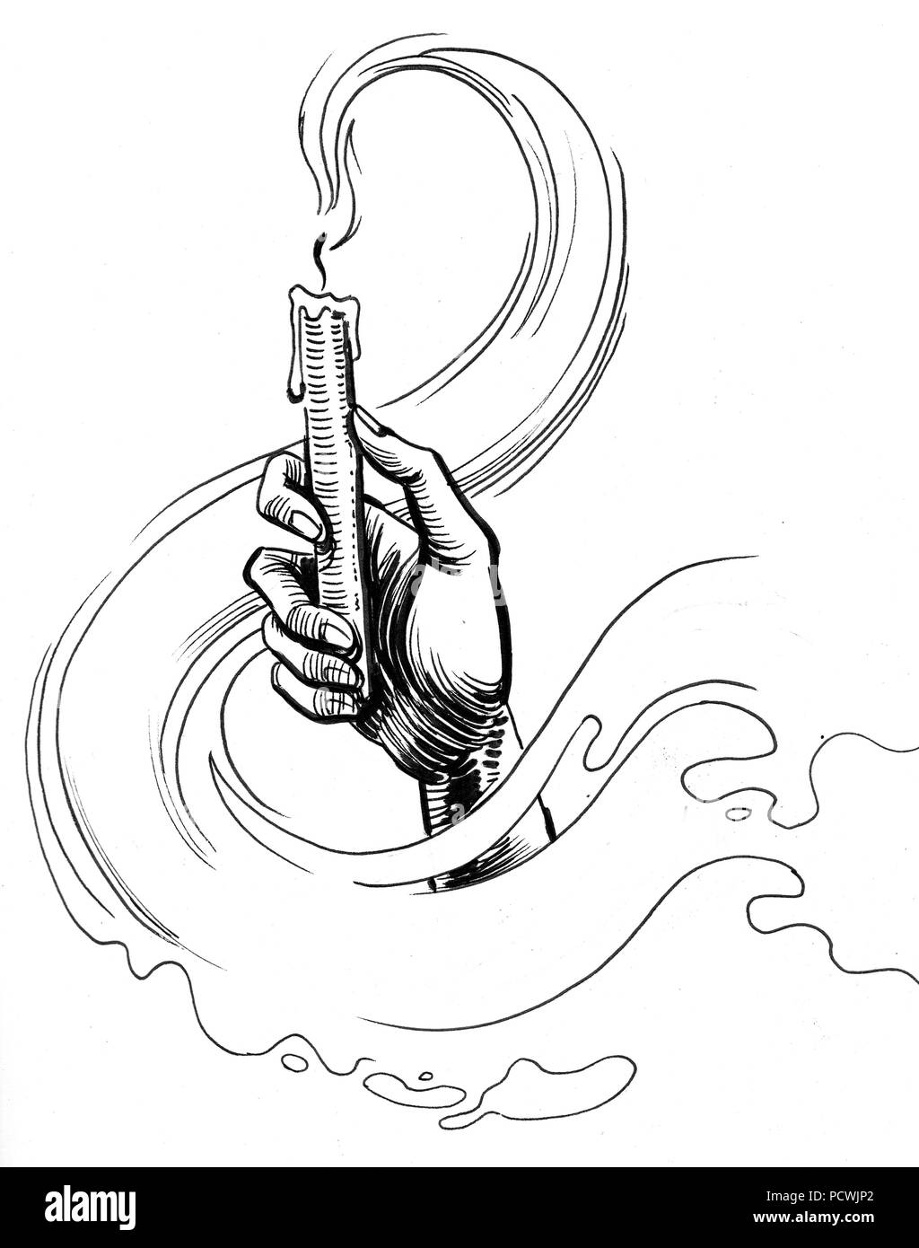 Hand with a put off candle. Ink black and white illustration Stock