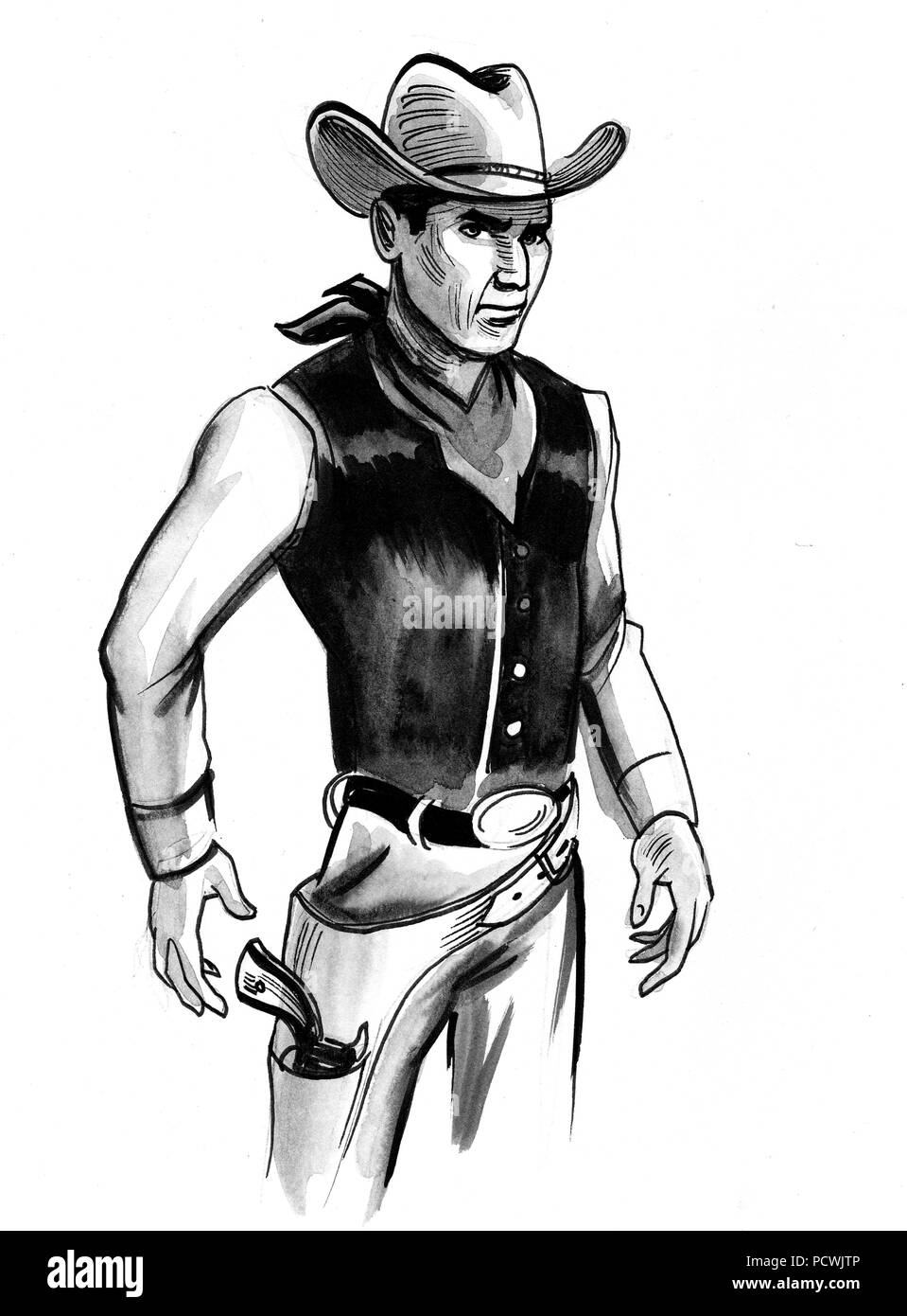 Cowboy characeter. Ink black and white illustration Stock Photo - Alamy