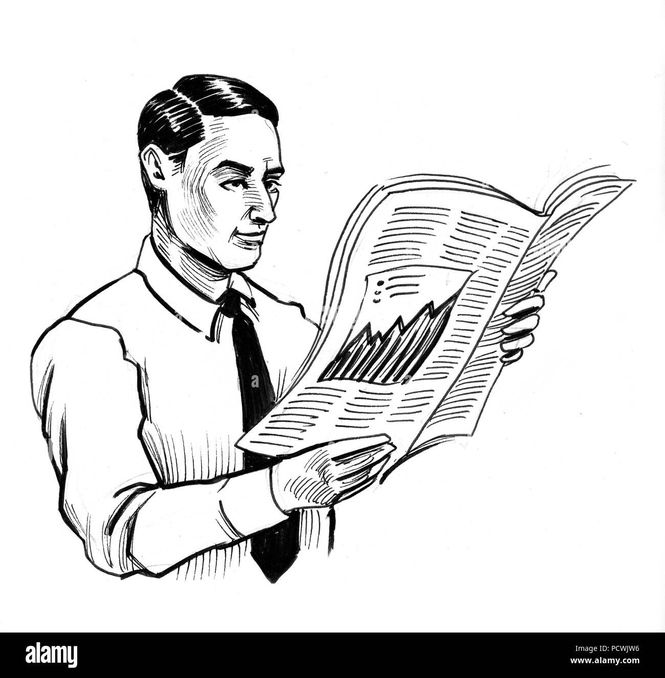 Gentleman Reading A Newspaper Ink Black And White Drawing Stock Photo Alamy