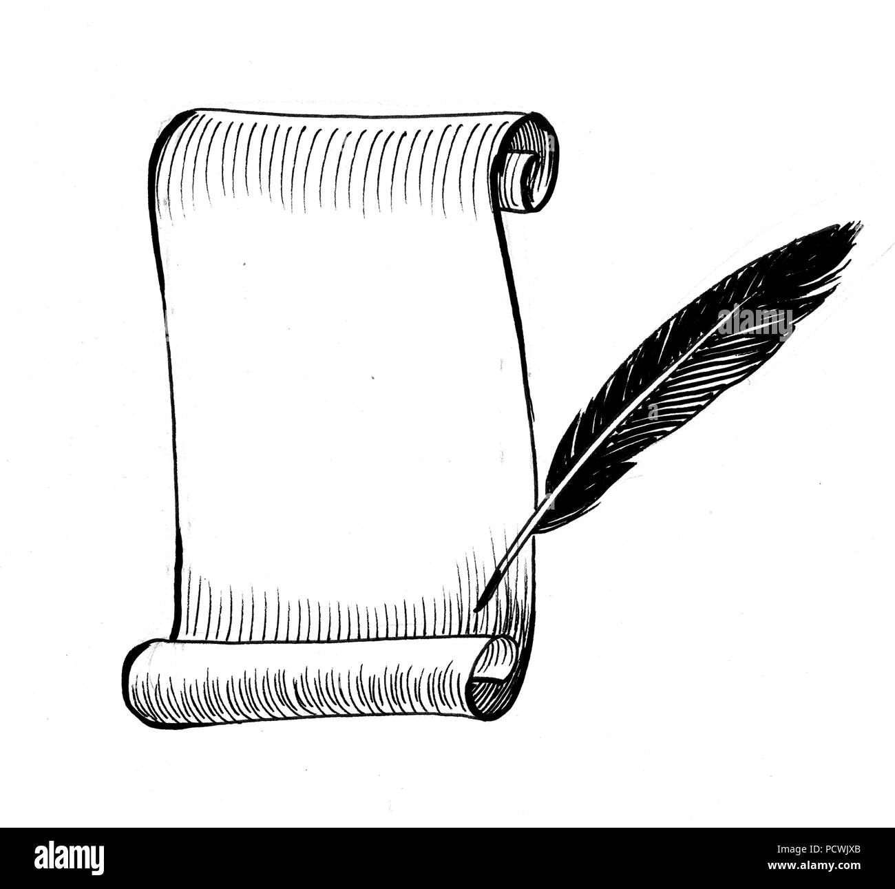 Paper scroll and quill. ink black and white drawing Stock Photo