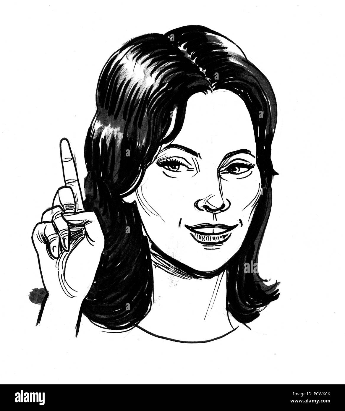 Pretty woman pointing up. Ink black and white drawing Stock Photo Alamy