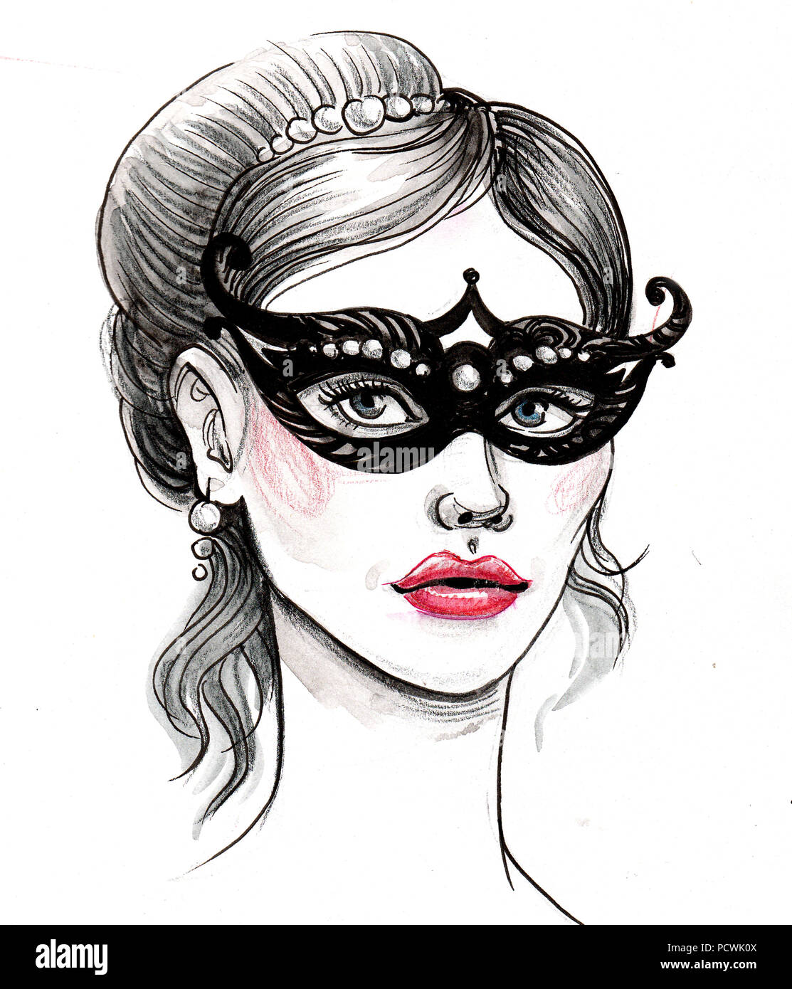 Beautiful Woman In Mask Ink And Watercolor Illustration Stock