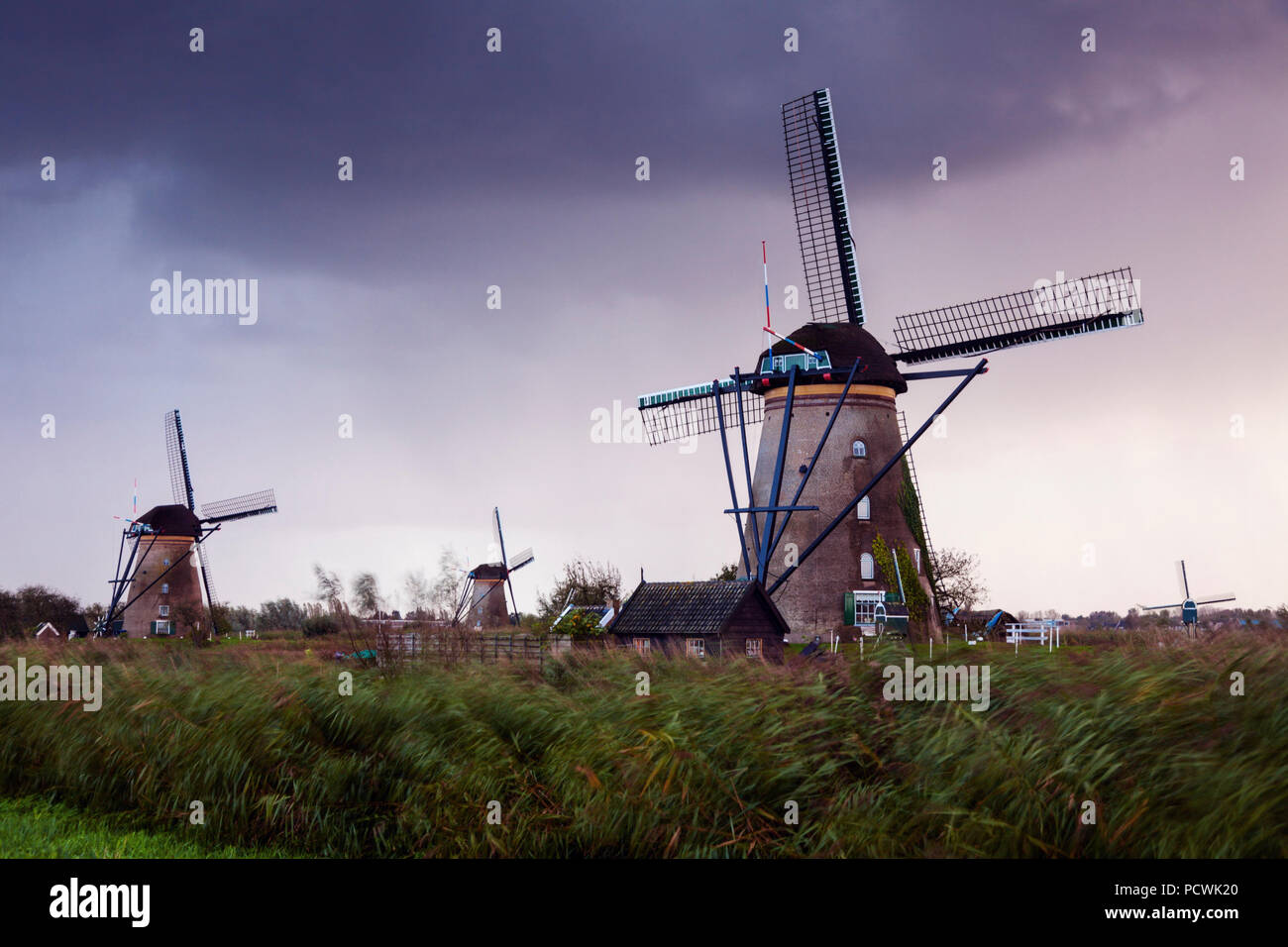 Windmills at Kinderdijk. Kinderdijk, South Holland, Netherlands Stock Photo