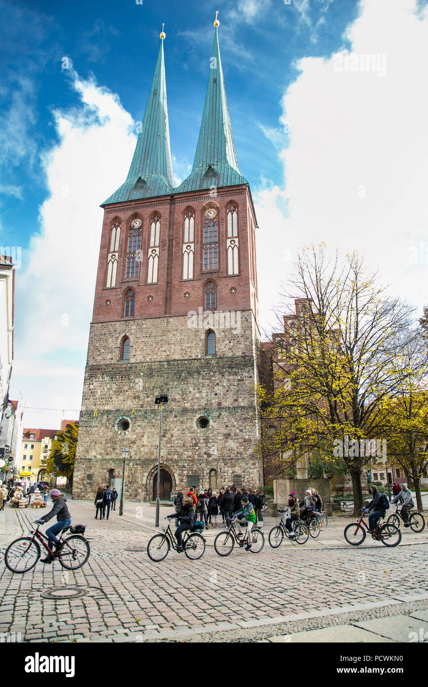 BERLIN, GERMANY-OCT 30, 2016:Nikolaikirche church baltic gothic artchitecture in Berlin on Oct 30, 2016,Germany . Stock Photo