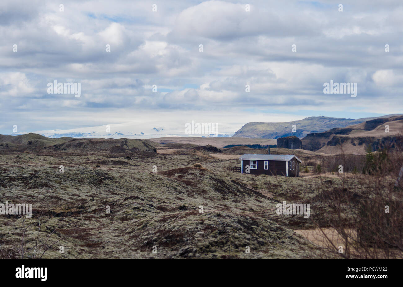 Iceland nature landscape. Small village, rocks, moss and water Stock Photo