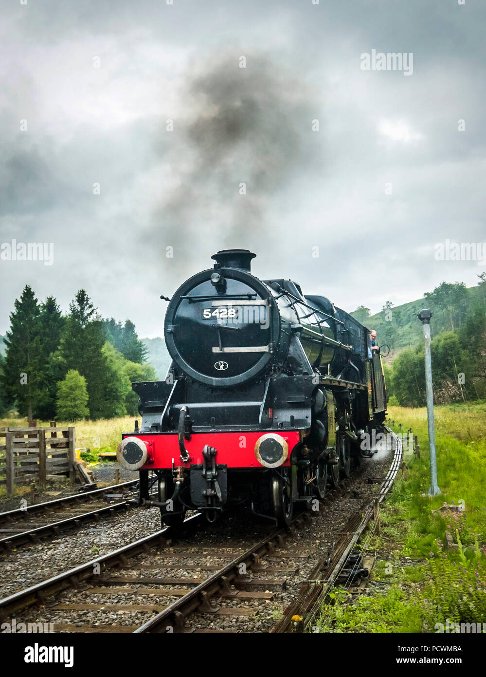 The 5428 LMS Black 5 locomotive on the North Yorkshire Moors railway as railway enthusiasts mark the 50th anniversary of the end of regular mainline steam services. Stock Photo