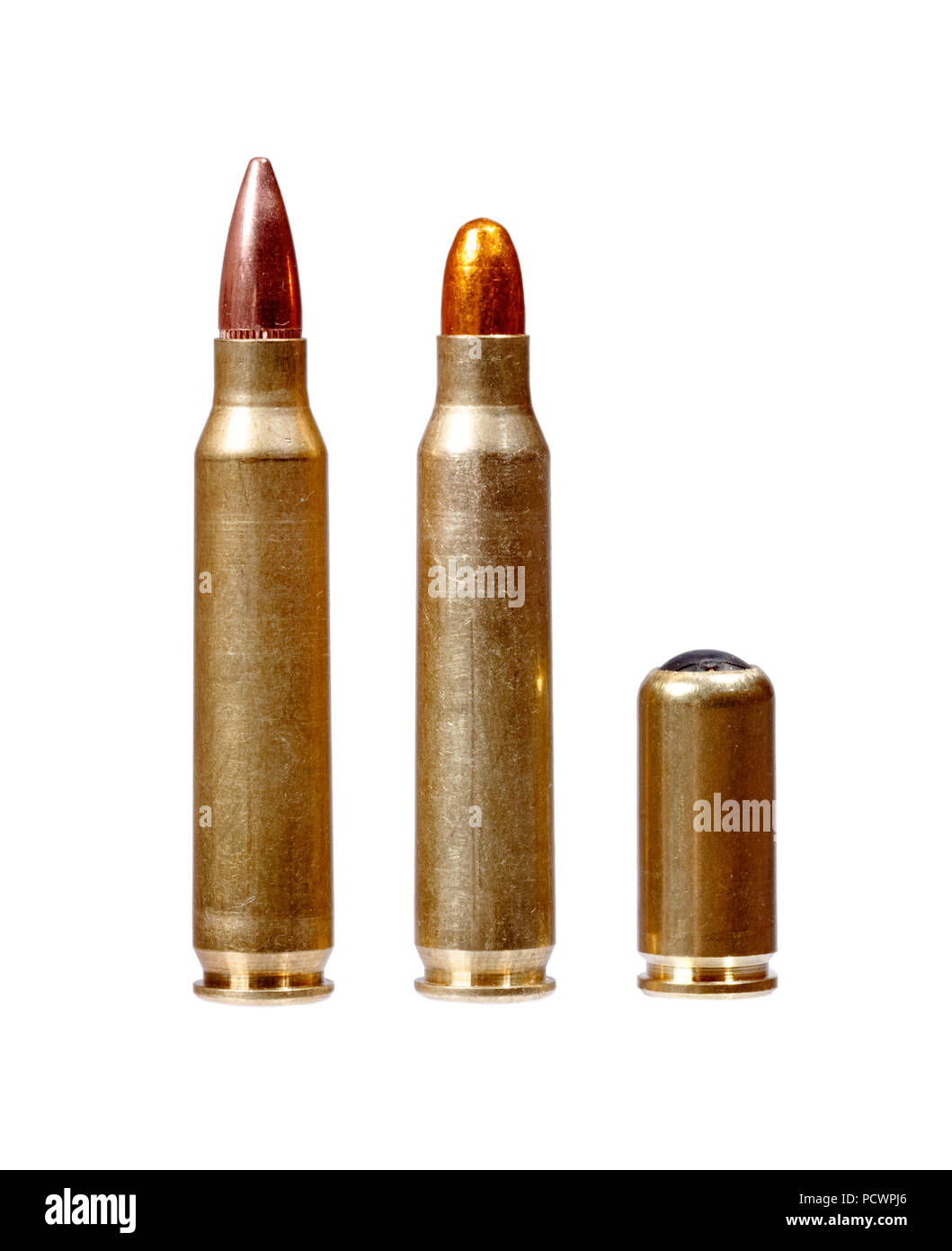 Different caliber bullets, on a white background. Stock Photo