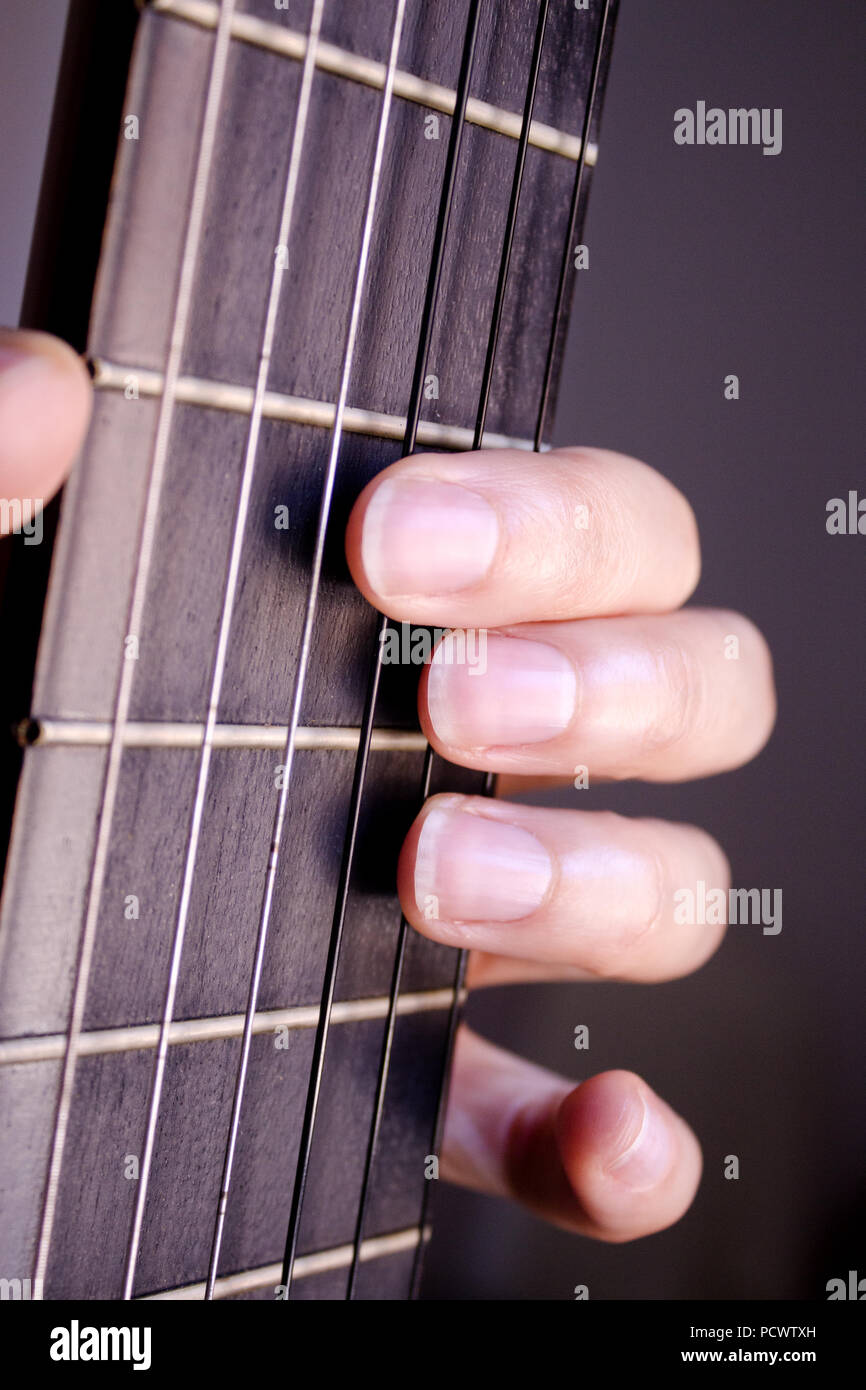 Part of musical instrument with strings. Spanish guitar Stock Photo Alamy
