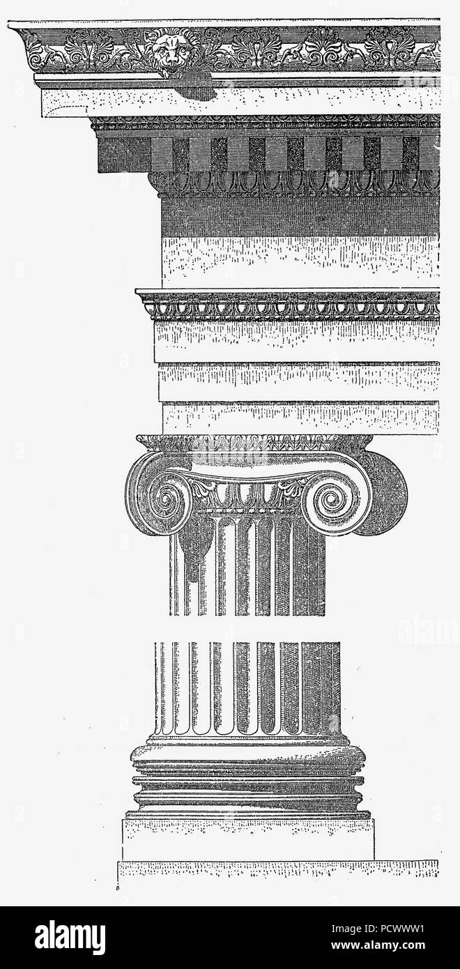 Ionic order capital, Athena Polias temple at Priene, Greece, vintage engraving Stock Photo