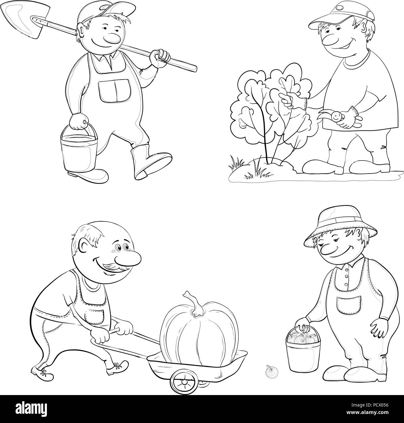 Cartoon Gardeners Work with a Bucket and Spade, Cuts a Bush with Secateurs, Carries Trolley with Pumpkin, with Harvest of Apples. Black Contour on White Background, Black Contours Isolated on White Background. Vector Stock Vector