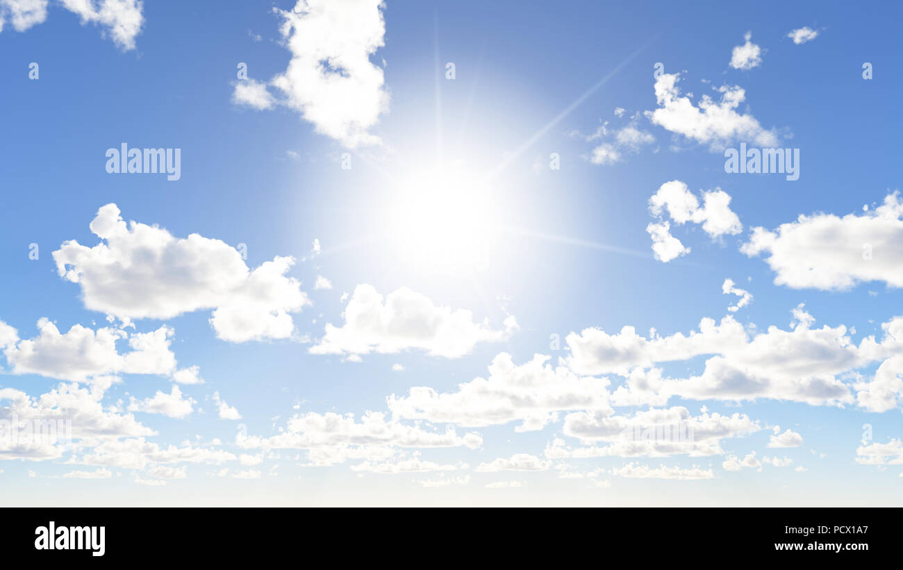 low angle view of blue sky background with white clouds and bright sun ...