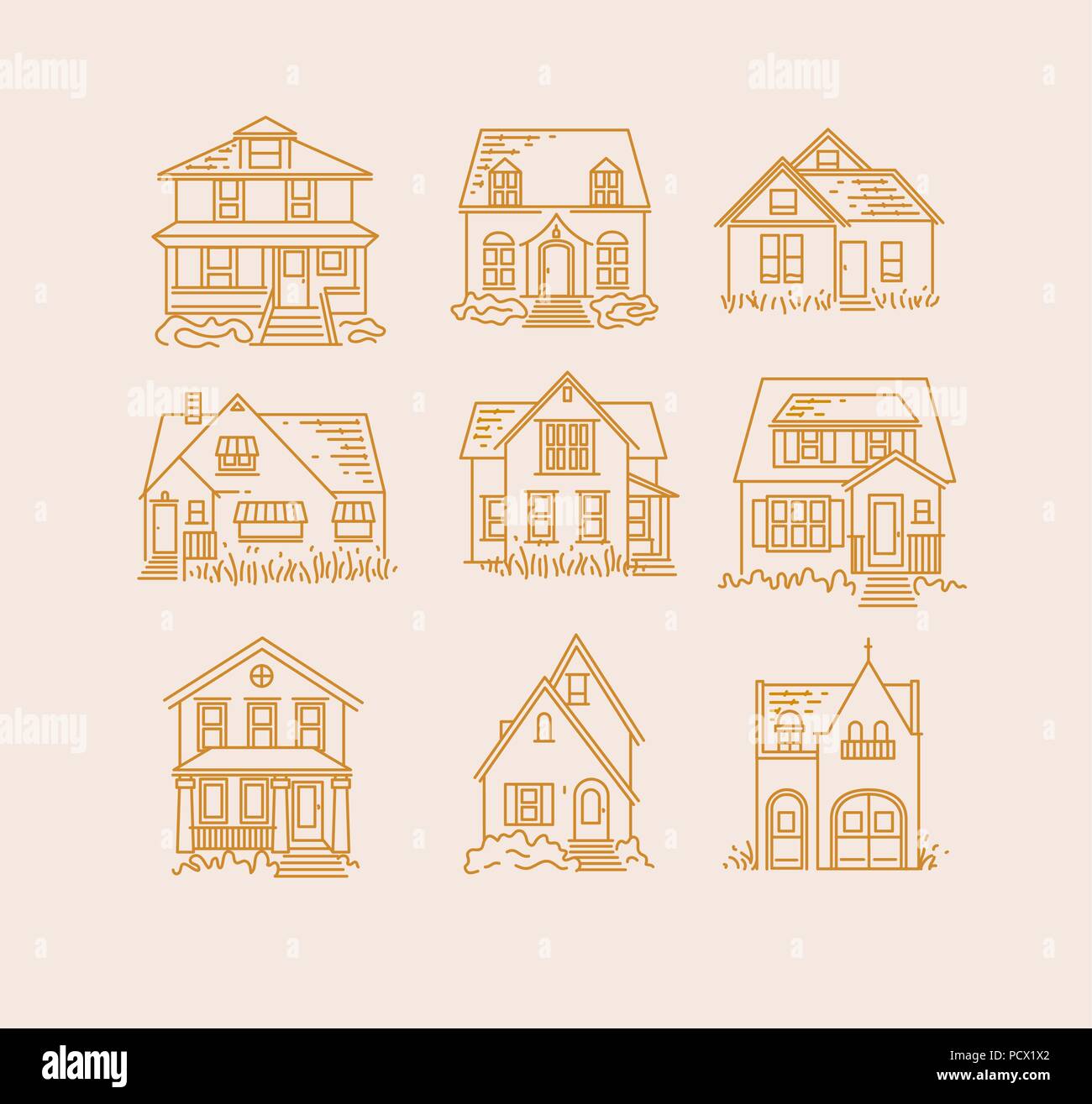 Set of house different forms icons drawing in flat style with gold ...