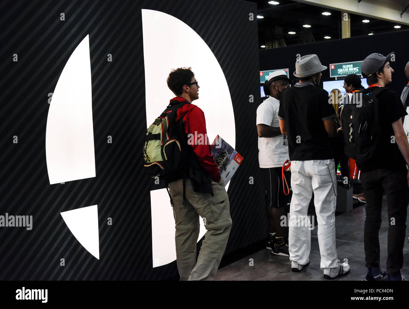 Las Vegas, Nevada. August 3, 2018. Participants lined up to play the new version of Super Smash Bros at the 2018 Evolution Championship Series, EVO, sponsored by Shoryuken and held at the Mandalay Bay Convention Center in Las Vegas, Nevada. Credit: Ken Howard Images/Alamy Live News Stock Photo