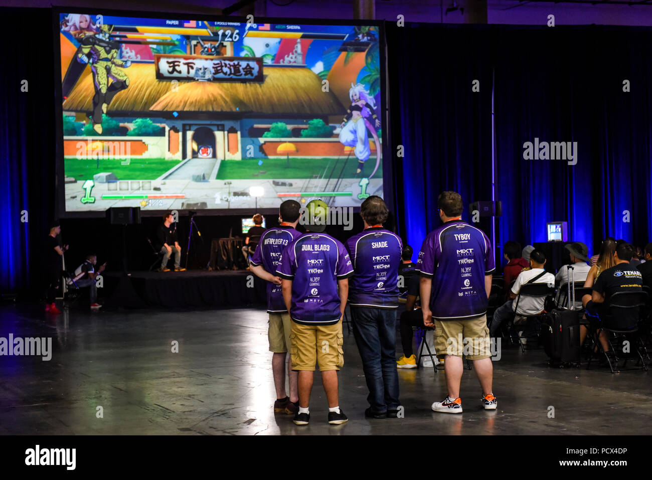 Las Vegas, Nevada. August 3, 2018. Participants check out the competition in Tekken 7 at the 2018 Evolution Championship Series, EVO, sponsored by Shoryuken and held at the Mandalay Bay Convention Center in Las Vegas, Nevada. Credit: Ken Howard Images/Alamy Live News Stock Photo