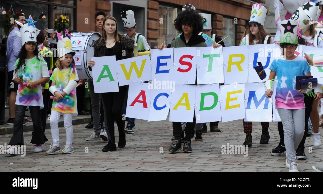 Glasgow, Scotland, 04th August 2018. Festival 2018 Carnival Procession took place today in Glasgow as the streets came alive with local and international performers and community groups taking part. The carnival made make its way through the city streets taking in the Festival 2018 sites and finishing at Go Live! At the Green.  Credit:Richard Hancox/Alamy Live News. Stock Photo