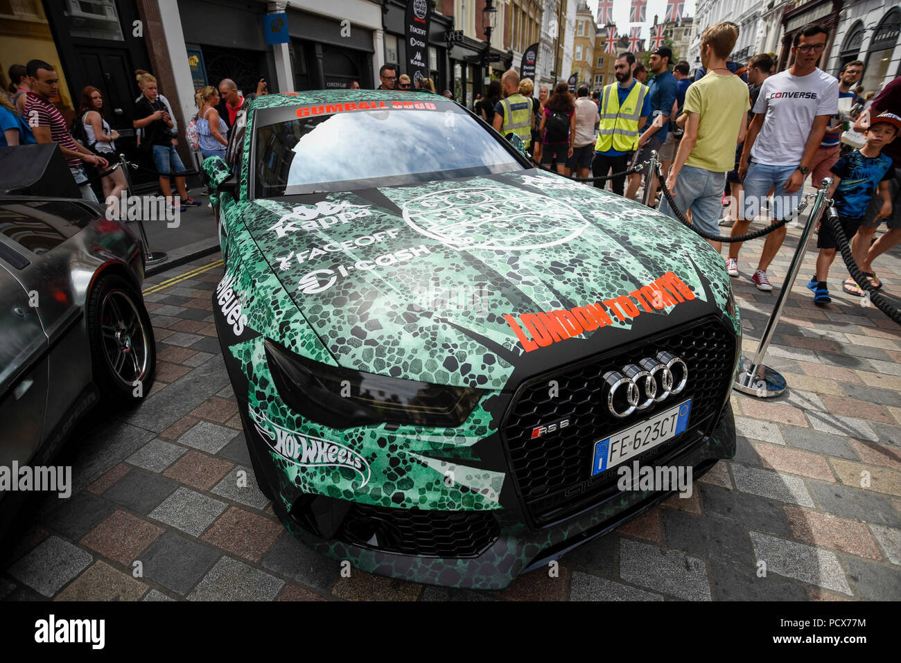 London, UK. 4 August 2018. An Audi RS6 parked up in Covent Garden for  Gumball 3000, a charity race for supercars and more. 150 cars will journey  from London to Tokyo in
