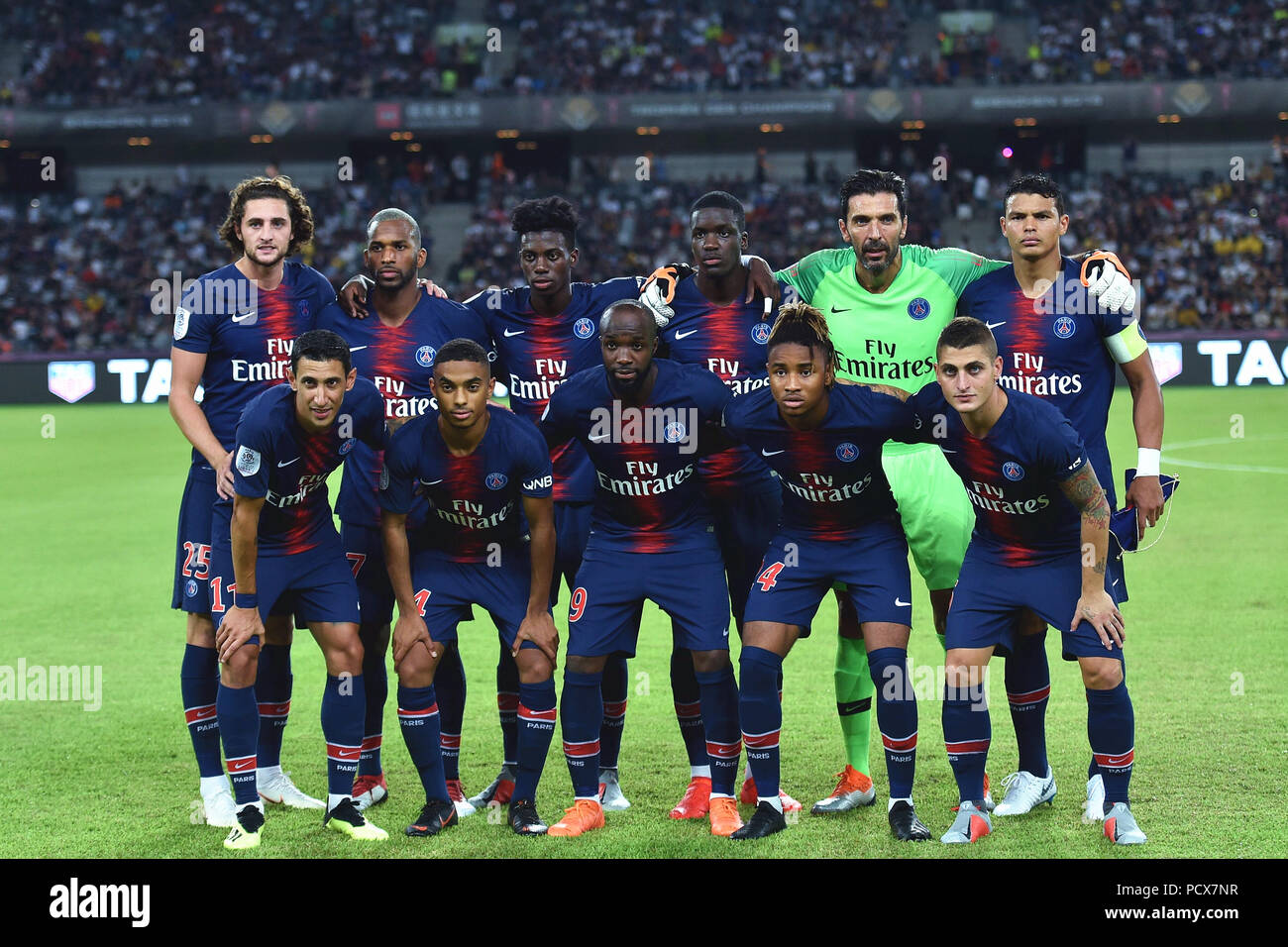 Shenzhen, China's Guangdong Province. 4th Aug, 2018. Players of Paris Saint-Germain line up before the French Trophy of Champions football match between Monaco and Paris Saint-Germain at Universiade Stadium in Shenzhen, south China's Guangdong Province, on Aug. 4, 2018. Paris Saint-Germain won 4-0. Credit: Mao Siqian/Xinhua/Alamy Live News Stock Photo