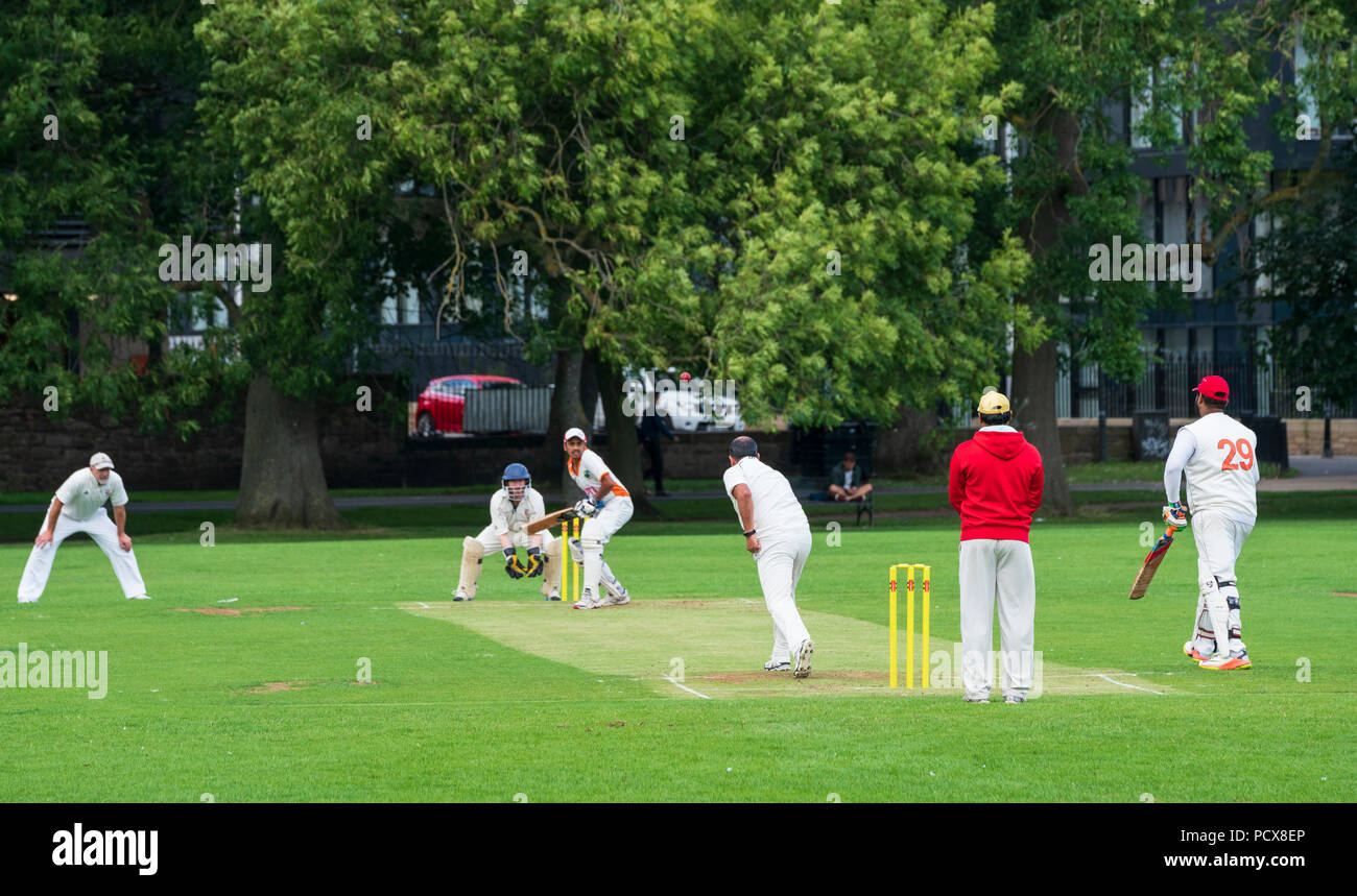 Edinburgh, Scotland, UK; 4 August, 2018. Local derby cricket match between Morton and Marchmont from Edinburgh playing in East of Scotland League Division 1 on the Meadows in Edinburgh. Credit: Iain Masterton/Alamy Live News Stock Photo