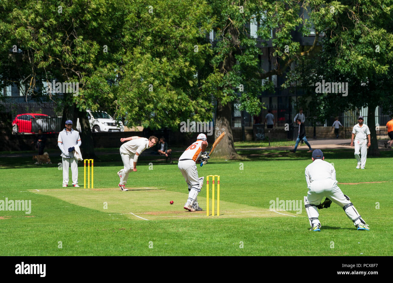 Edinburgh, Scotland, UK; 4 August, 2018. Local derby cricket match between Morton and Marchmont from Edinburgh playing in East of Scotland League Division 1 on the Meadows in Edinburgh. Credit: Iain Masterton/Alamy Live News Stock Photo