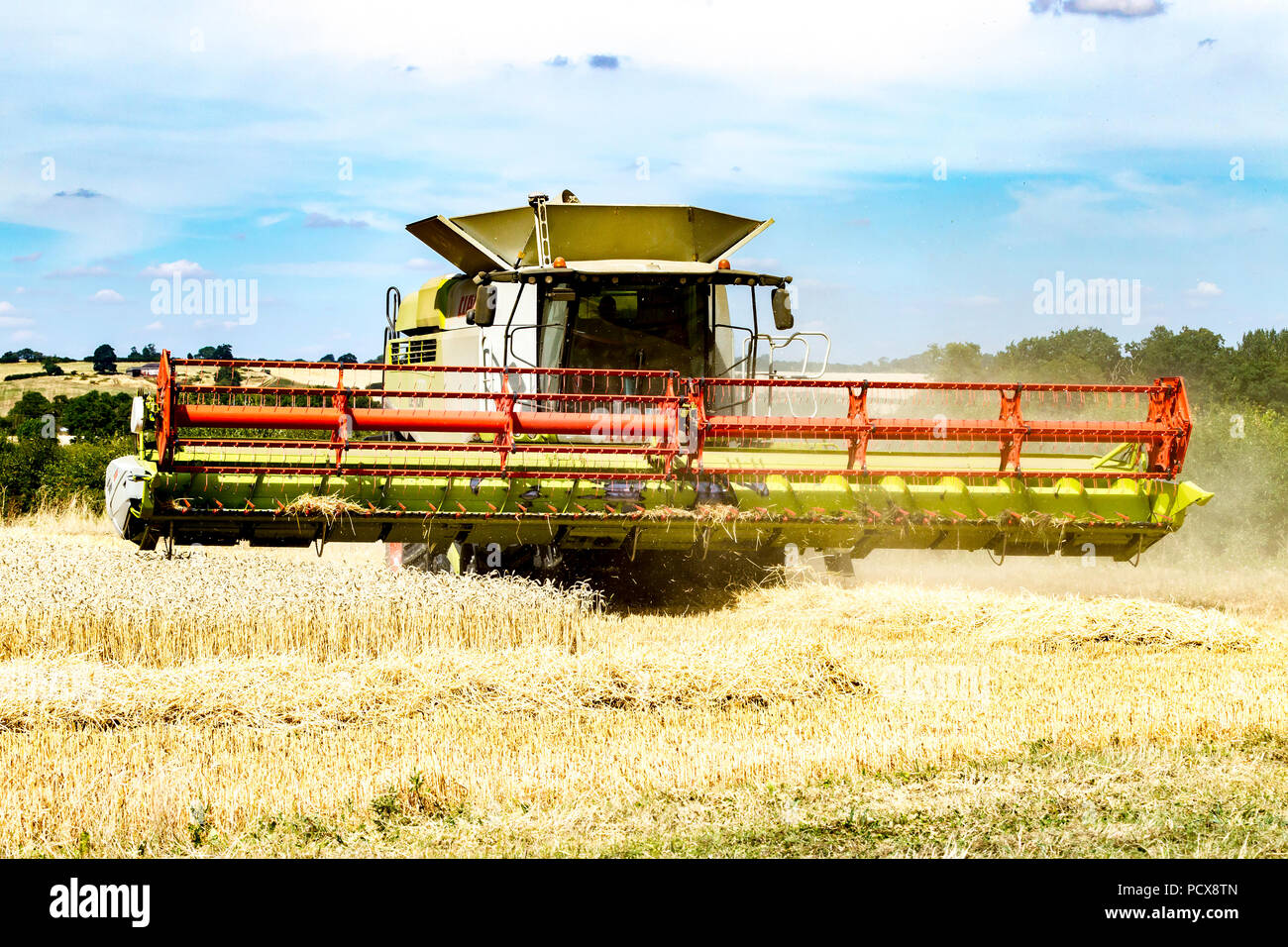 Great Brington, Northamptonshire, UK. 4th August 2018. Farm hands harvesting with a Claas 770 Lexton harvester working hard during the afternoon heat to cut the wheat field, making the most of the hot summer weather. Credit:  Keith J Smith./Alamy Live News Stock Photo